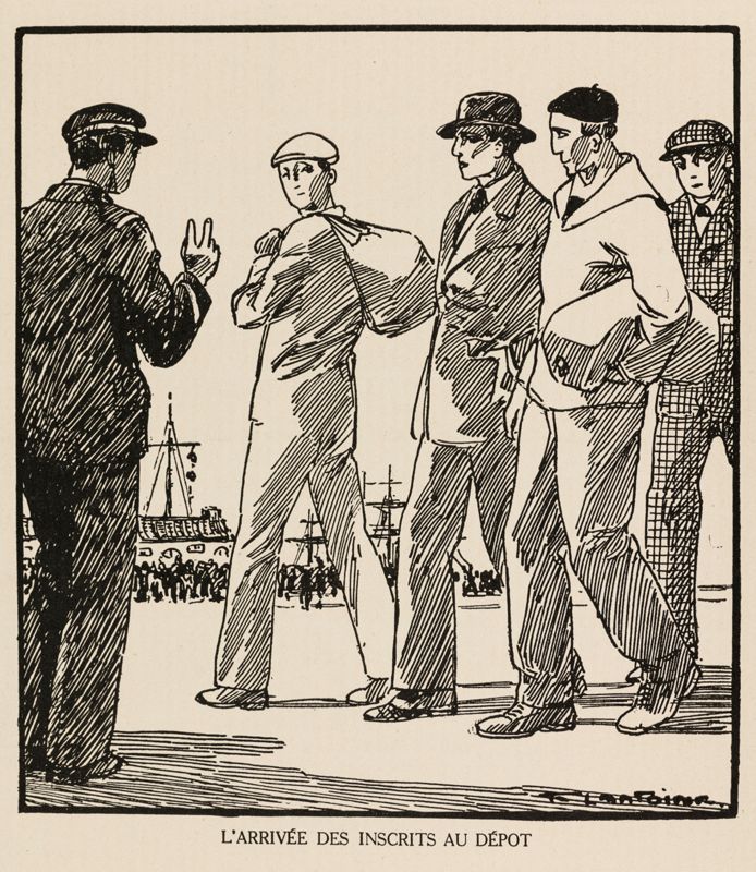 L'arrivée des inscrits au dépôt, par Fernand Lantoine (La guerre navale racontée par nos amiraux, Paris, Librairie Schwarz, 1928 [Archives de la Manche, bibliothèque historique, BIB C 4741).