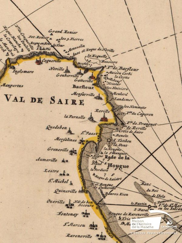 Carte particulière des côtes de Normandie, 1703, détail, le Val de Saire, la pointe de Barfleur et la rade de la Hougue (Archives de la Manche, collection des cartes et plans, 1 Fi 3/37).